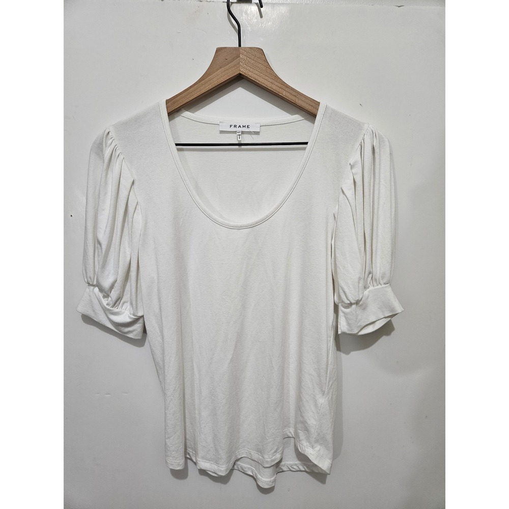 FRAME White Puff Sleeve Scoop Neck T-Shirt Pleated Shoulder Top Small